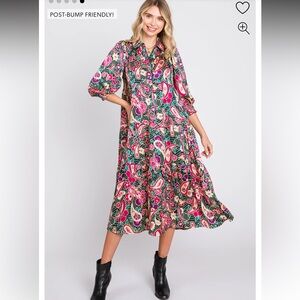 Pink Blush Forest Green Multicolor Floral Paisley Maternity Tiered Dress Large